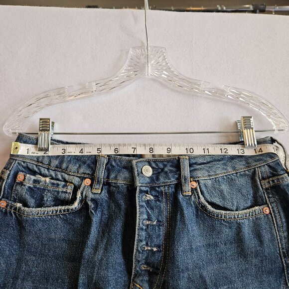 We The Free Denim Mini Skirt 15" Distressed Sz 29 Raw Hem Button Fly - Picture 3 of 7
